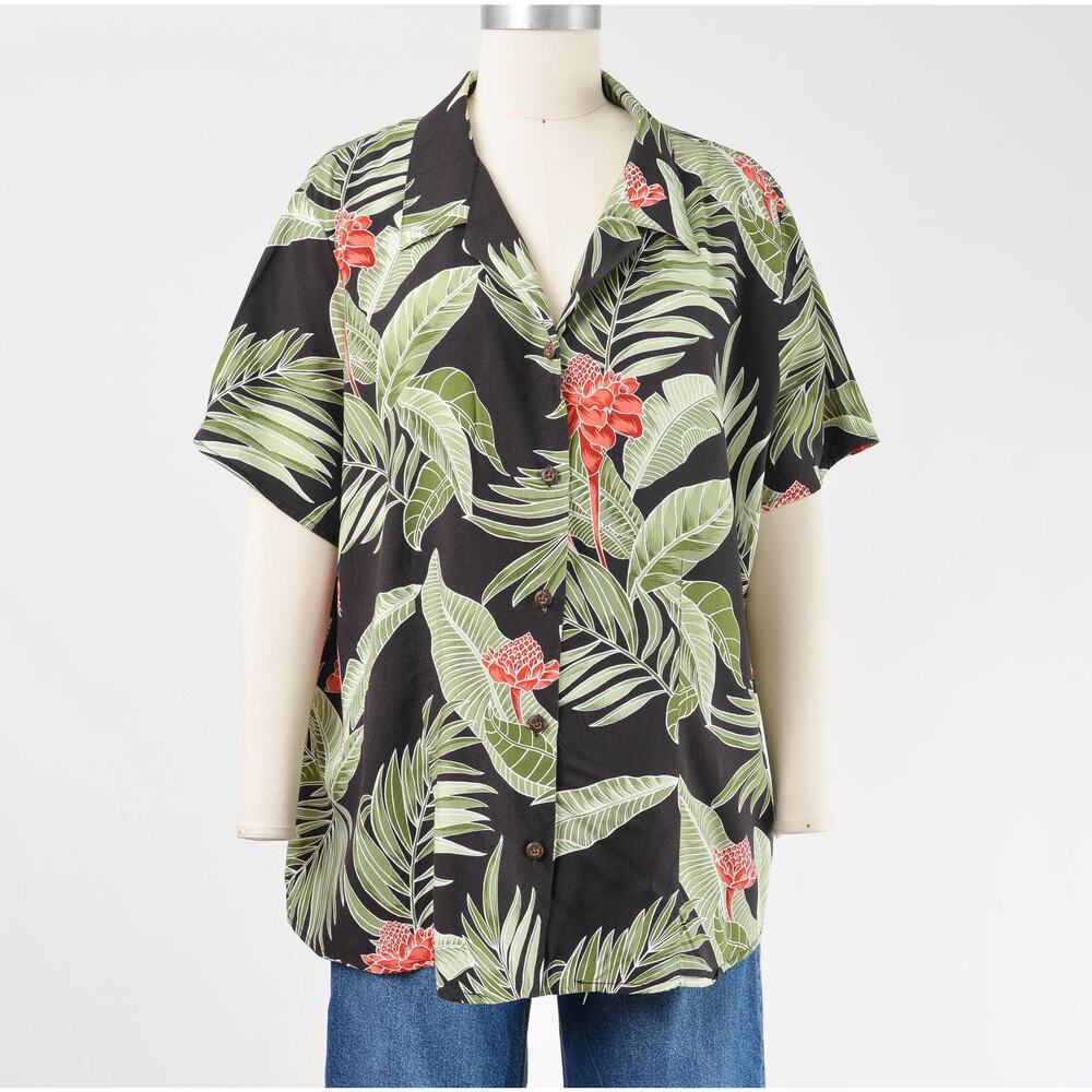 Vintage 90s Hawaiian Shirt Tropical Floral Blouse Black Aloha Button Up 1X 2X - Picture 2 of 7